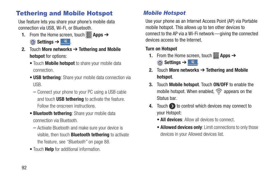 Tethering and mobile hotspot, S. for more information, refer to “mobile | Samsung SCH-I435ZKAXAR User Manual | Page 98 / 170