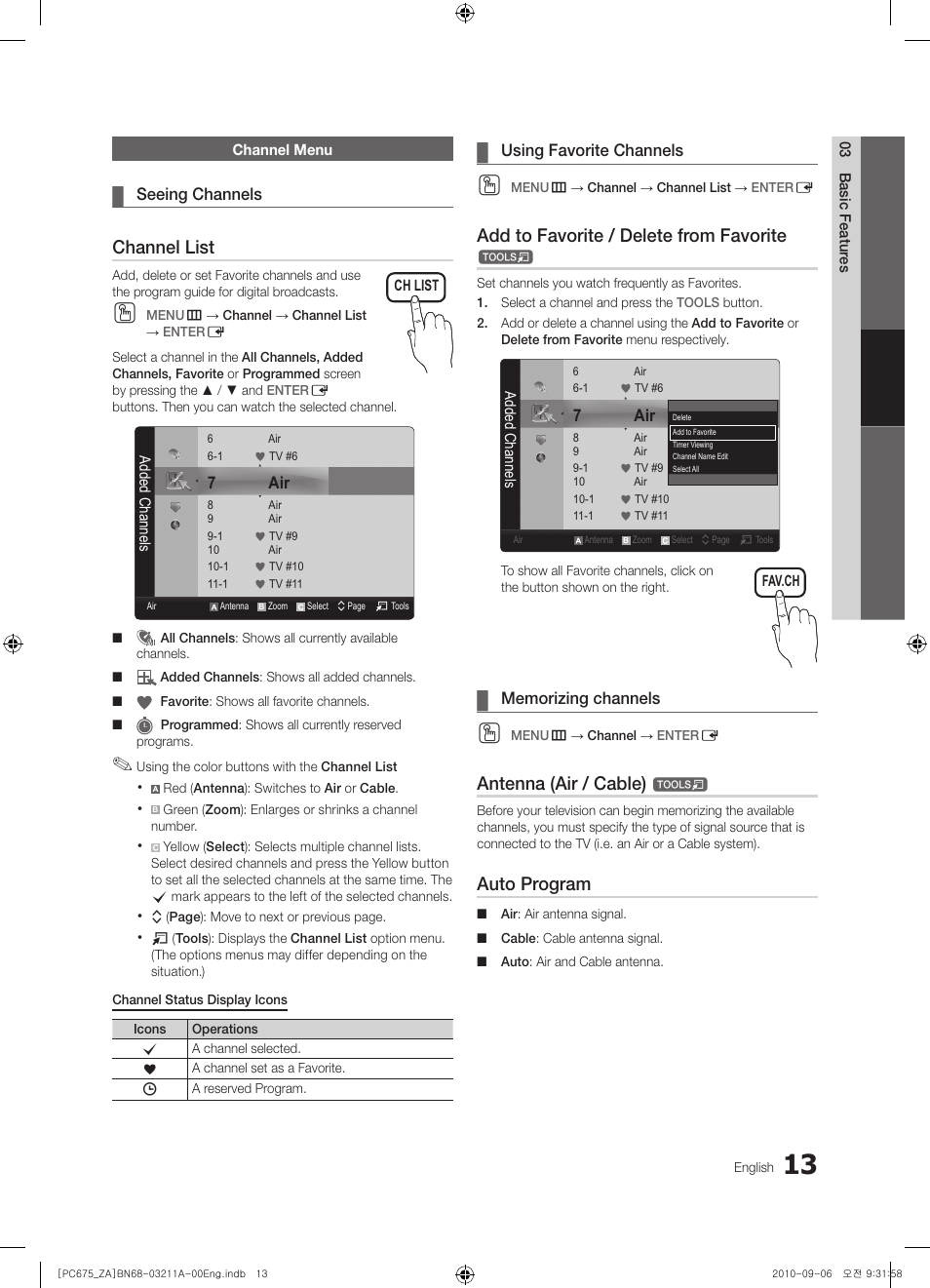 Channel list, Add to favorite / delete from favorite, Antenna (air / cable) | Auto program | Samsung PN50C675G6FXZA User Manual | Page 13 / 55