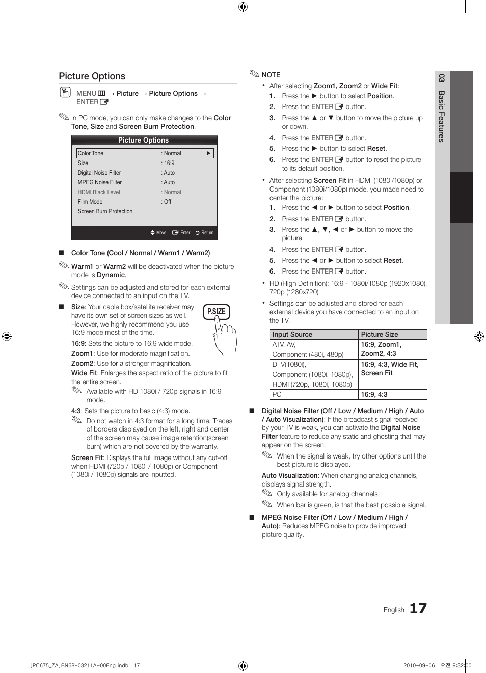 Picture options | Samsung PN50C675G6FXZA User Manual | Page 17 / 55