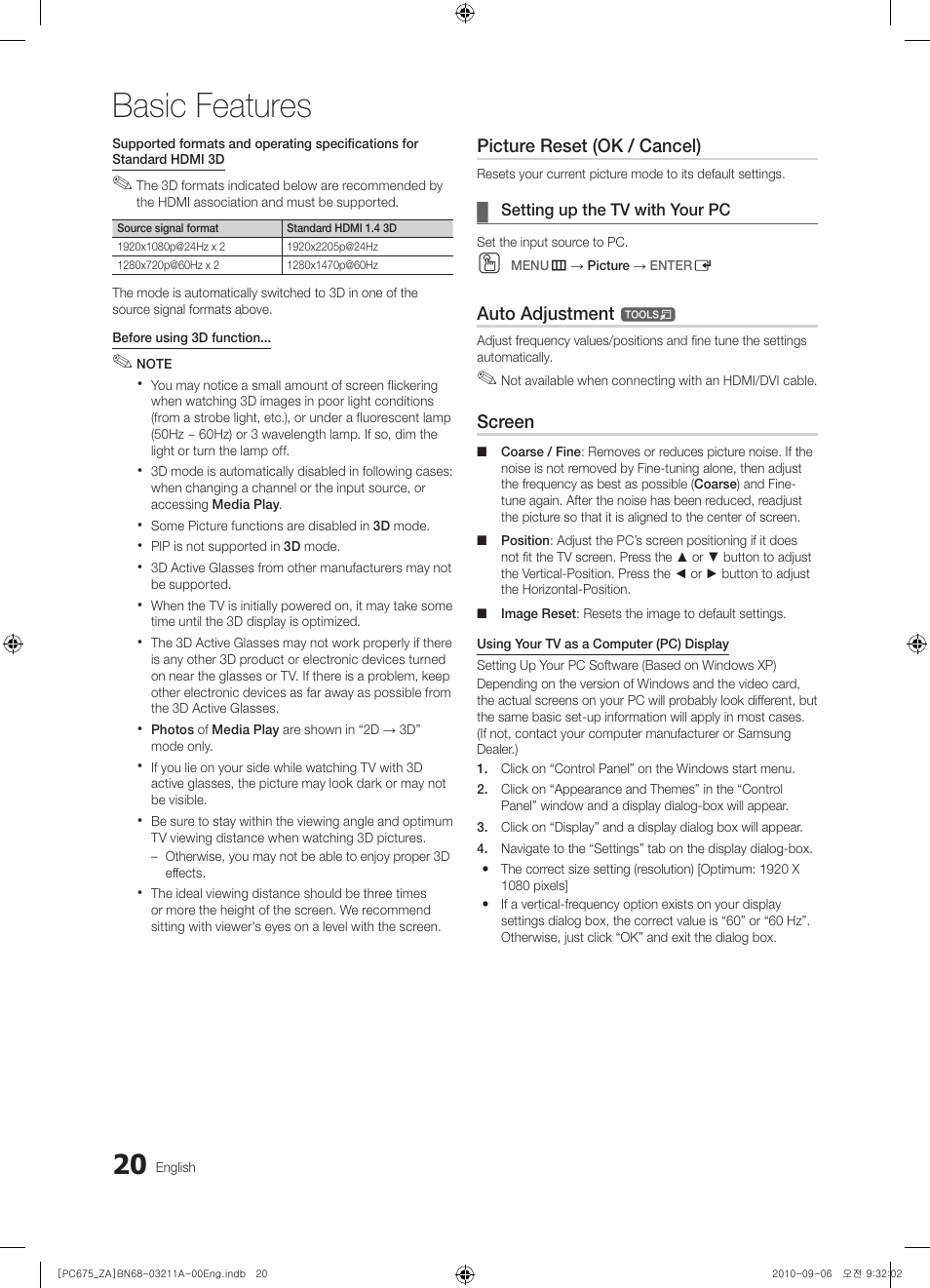 Basic features | Samsung PN50C675G6FXZA User Manual | Page 20 / 55