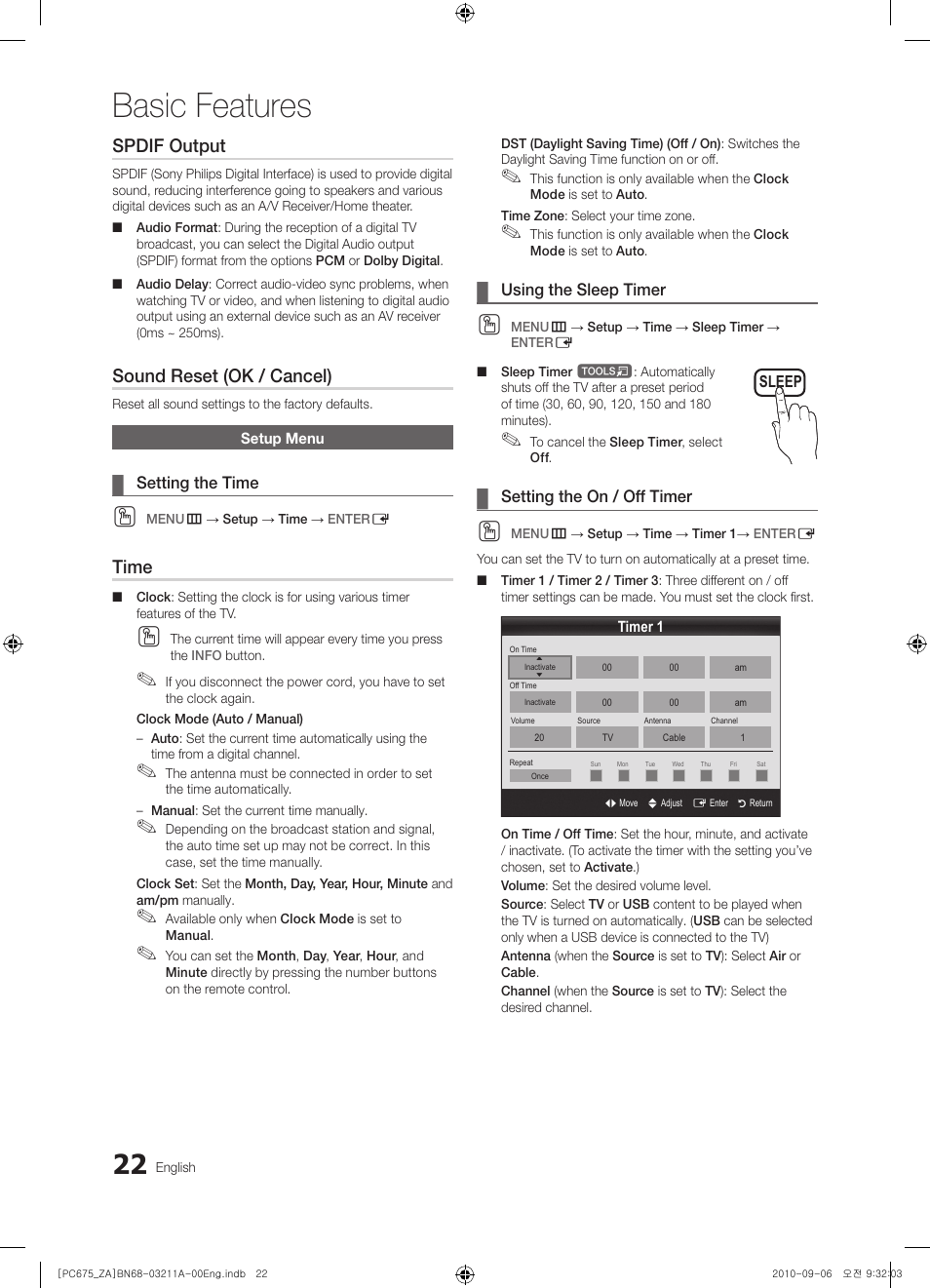 Basic features, Spdif output, Sound reset (ok / cancel) | Time | Samsung PN50C675G6FXZA User Manual | Page 22 / 55