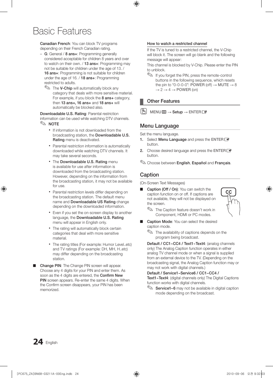 Basic features | Samsung PN50C675G6FXZA User Manual | Page 24 / 55