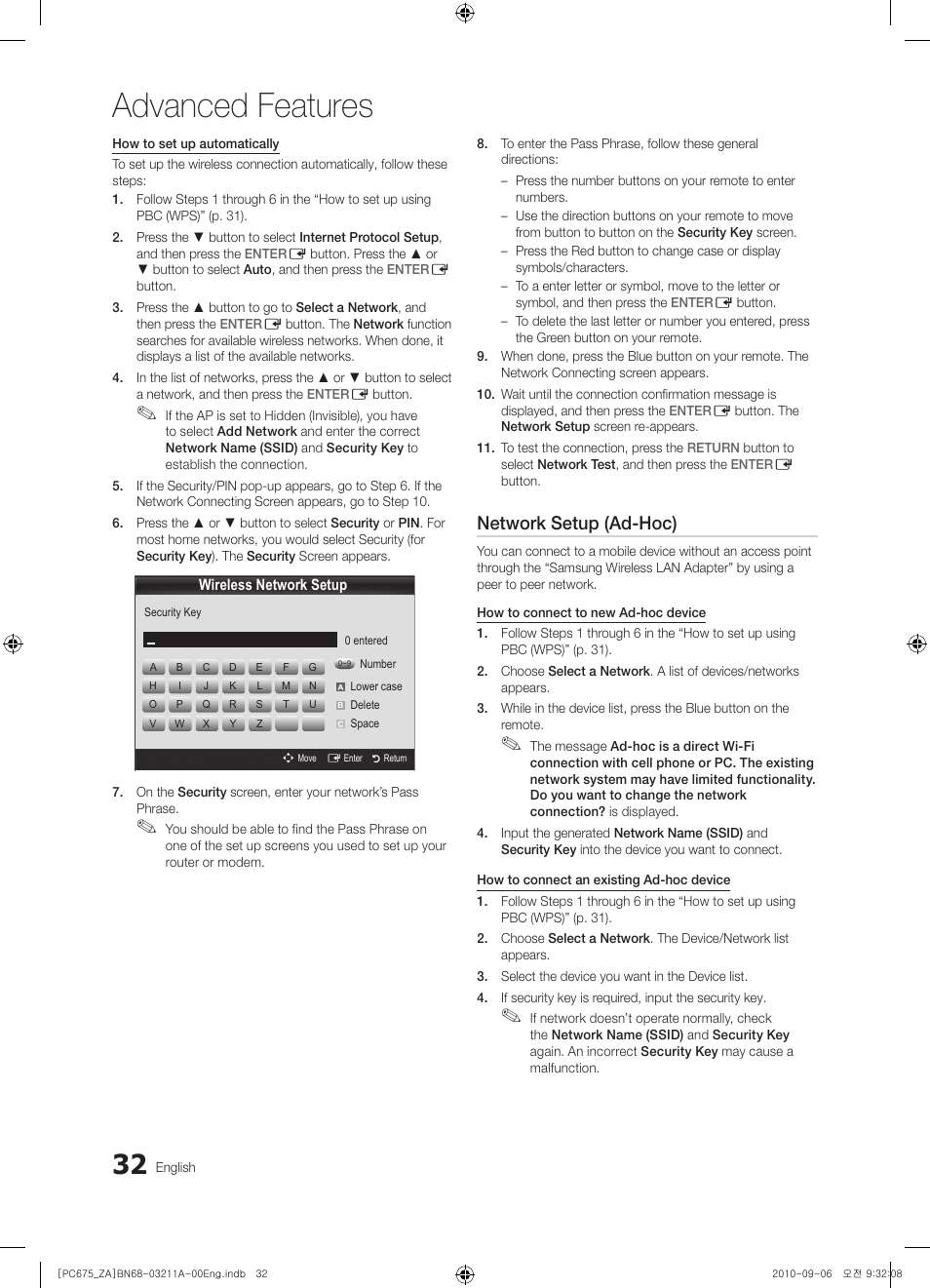 Advanced features, Network setup (ad-hoc) | Samsung PN50C675G6FXZA User Manual | Page 32 / 55