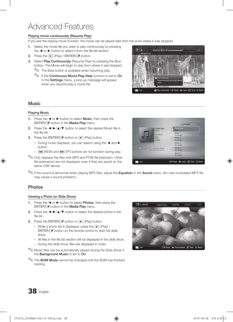 Advanced features, Music, Photos | Samsung PN50C675G6FXZA User Manual | Page 38 / 55