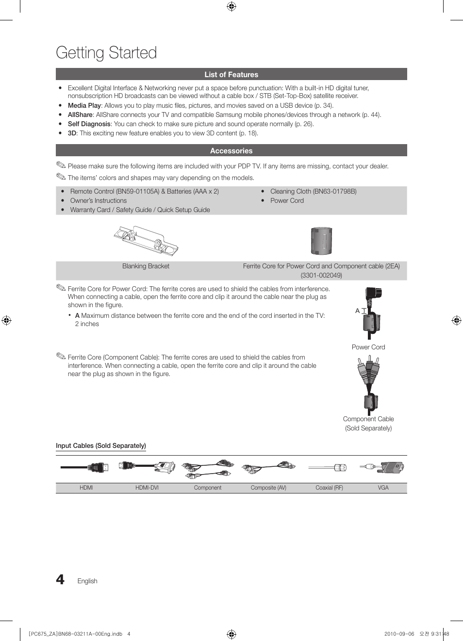 Getting started | Samsung PN50C675G6FXZA User Manual | Page 4 / 55