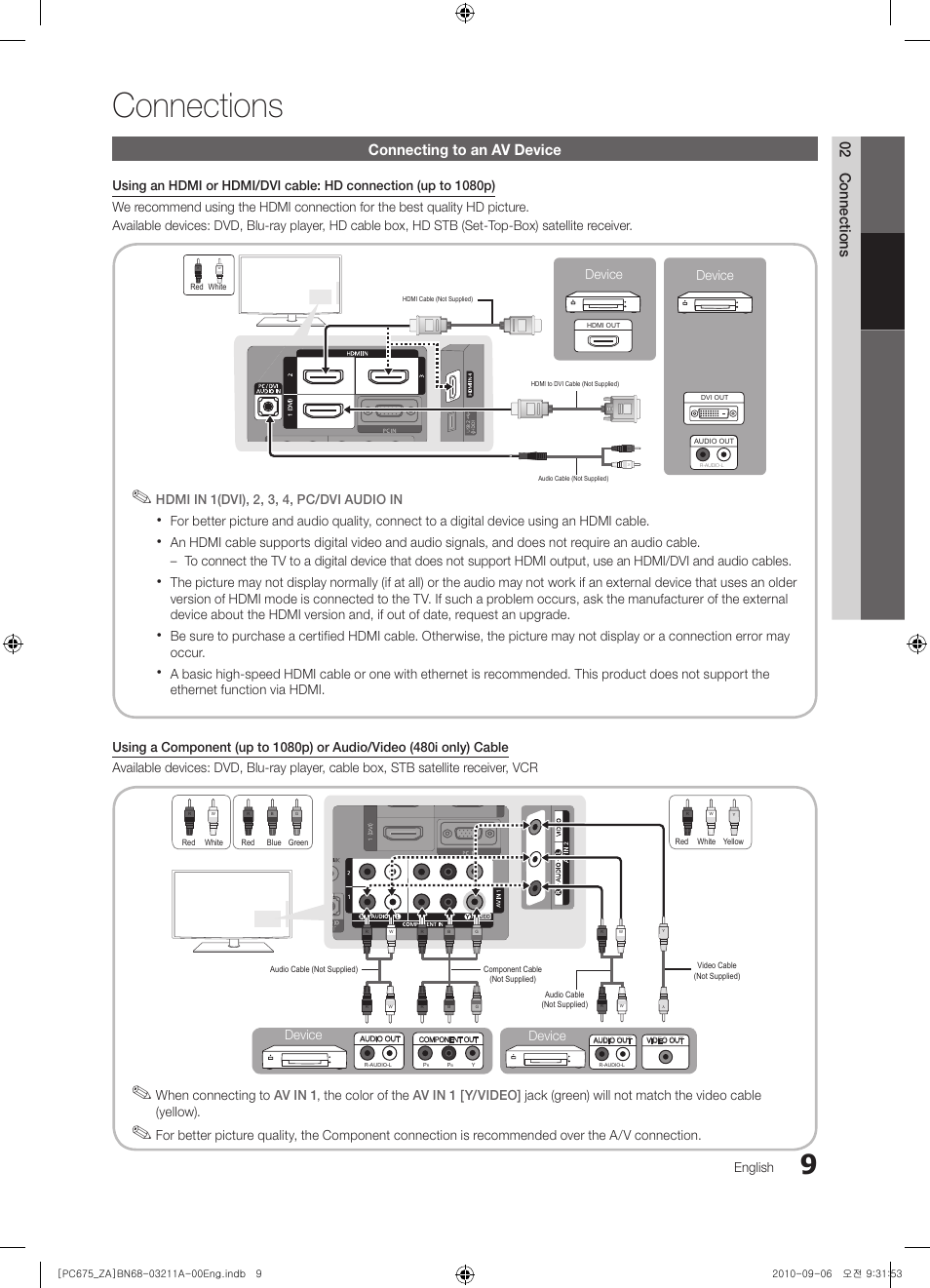 Connections, 02 connections, Connecting to an av device | Samsung PN50C675G6FXZA User Manual | Page 9 / 55