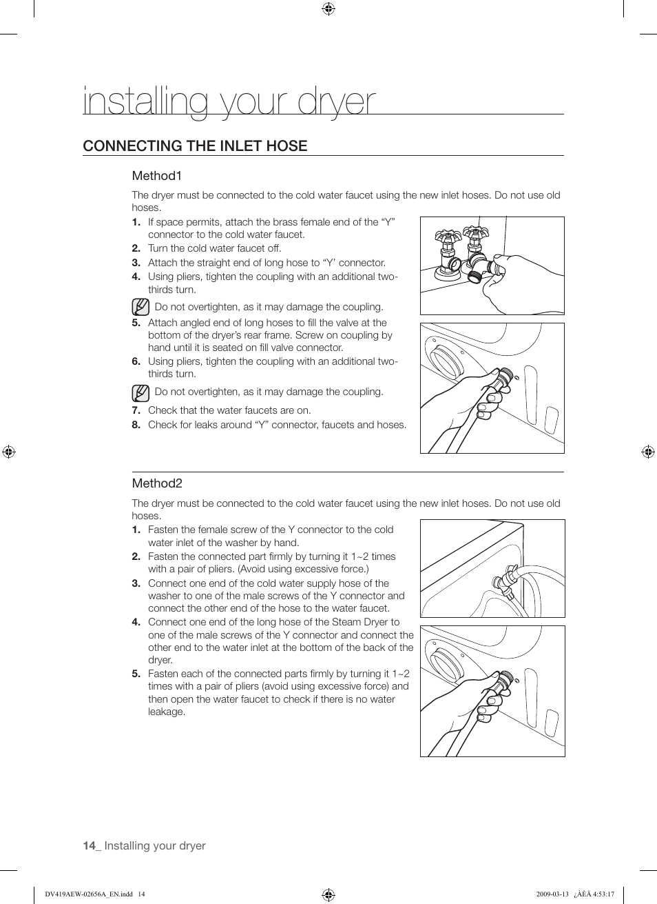 Installing your dryer, Connecting the inlet hose | Samsung DV419AEU-XAA User Manual | Page 14 / 76