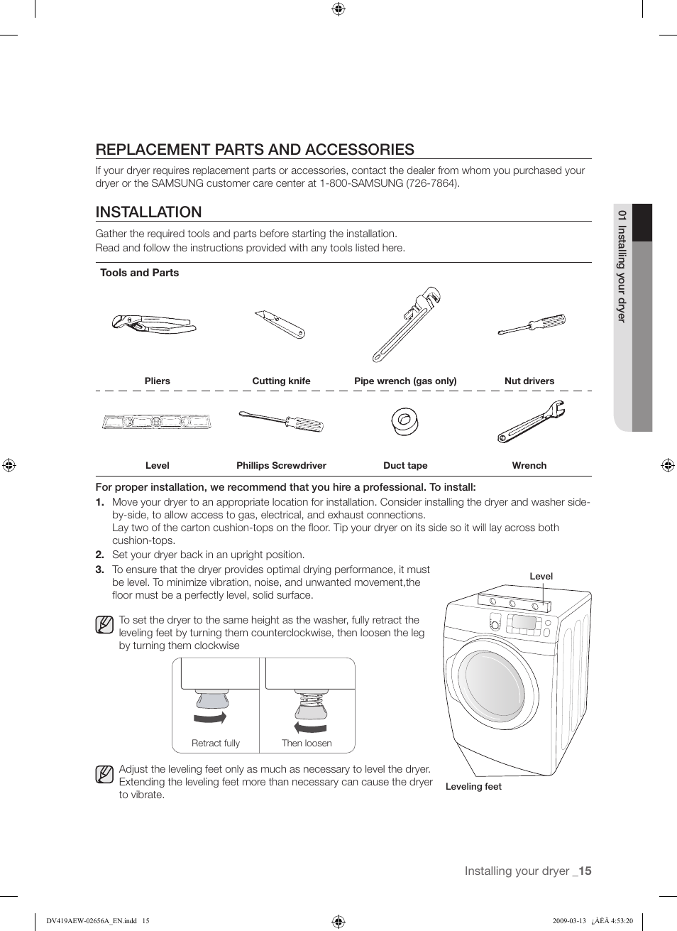 Replacement parts and accessories, Installation | Samsung DV419AEU-XAA User Manual | Page 15 / 76