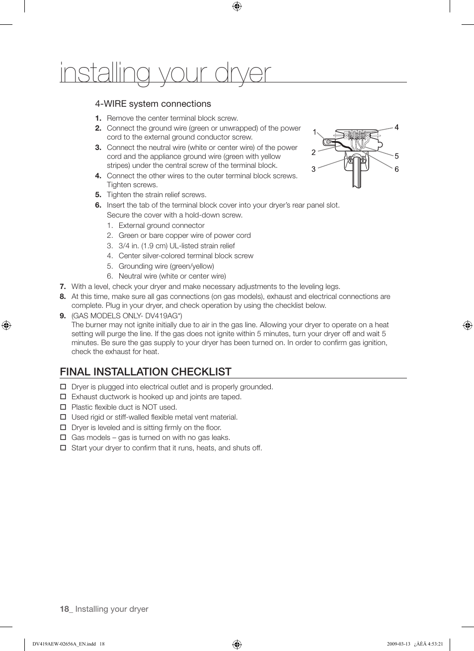 Installing your dryer, Final installation checklist | Samsung DV419AEU-XAA User Manual | Page 18 / 76