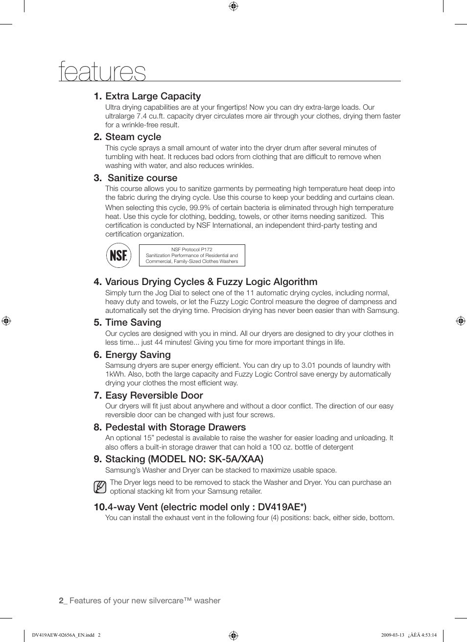 Features | Samsung DV419AEU-XAA User Manual | Page 2 / 76