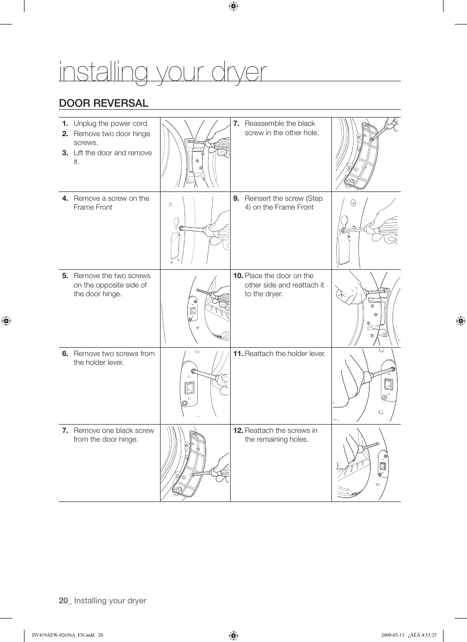 Installing your dryer, Door reversal | Samsung DV419AEU-XAA User Manual | Page 20 / 76