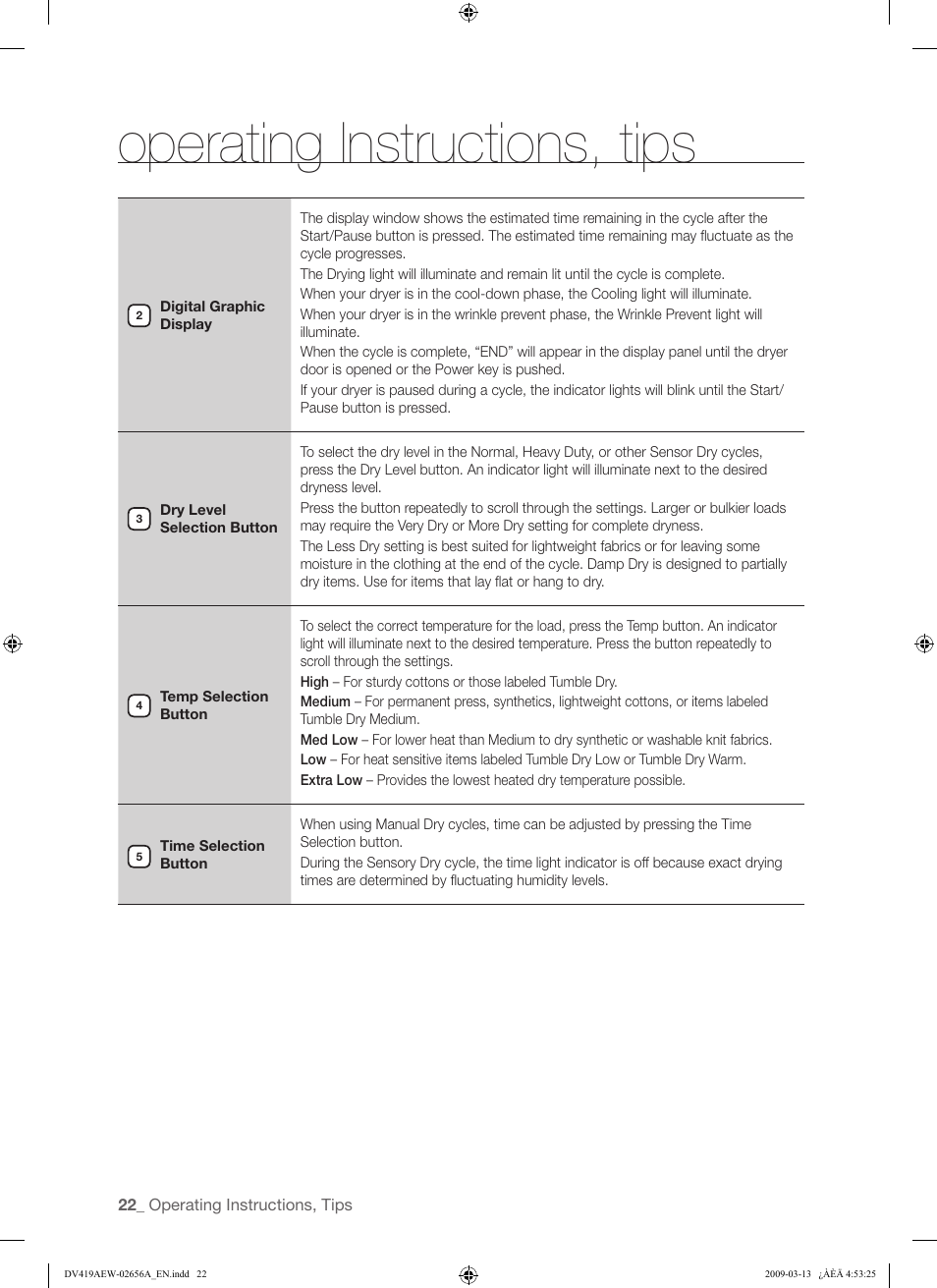 Operating instructions, tips | Samsung DV419AEU-XAA User Manual | Page 22 / 76