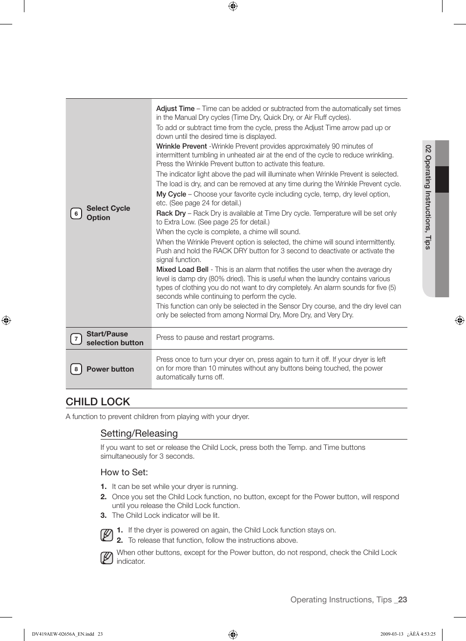 Child lock, Setting/releasing | Samsung DV419AEU-XAA User Manual | Page 23 / 76