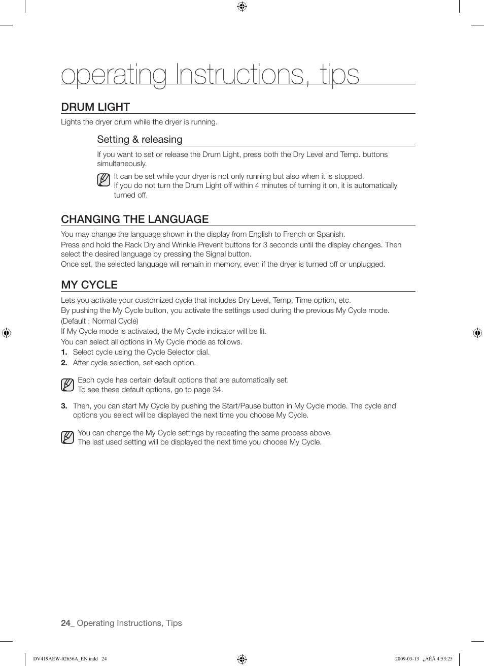 Operating instructions, tips | Samsung DV419AEU-XAA User Manual | Page 24 / 76