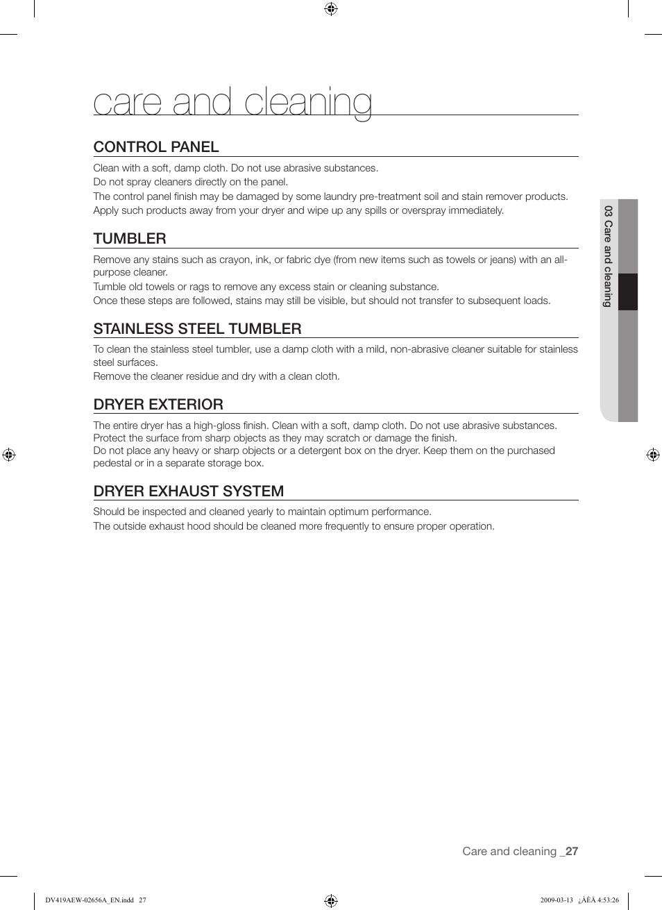 Care and cleaning | Samsung DV419AEU-XAA User Manual | Page 27 / 76