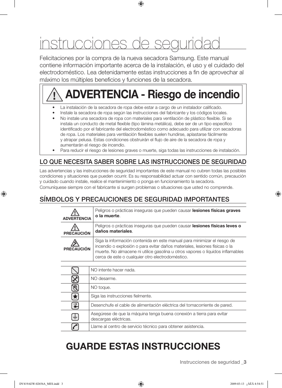 Instrucciones de seguridad, Advertencia - riesgo de incendio, Guarde estas instrucciones | Samsung DV419AEU-XAA User Manual | Page 41 / 76