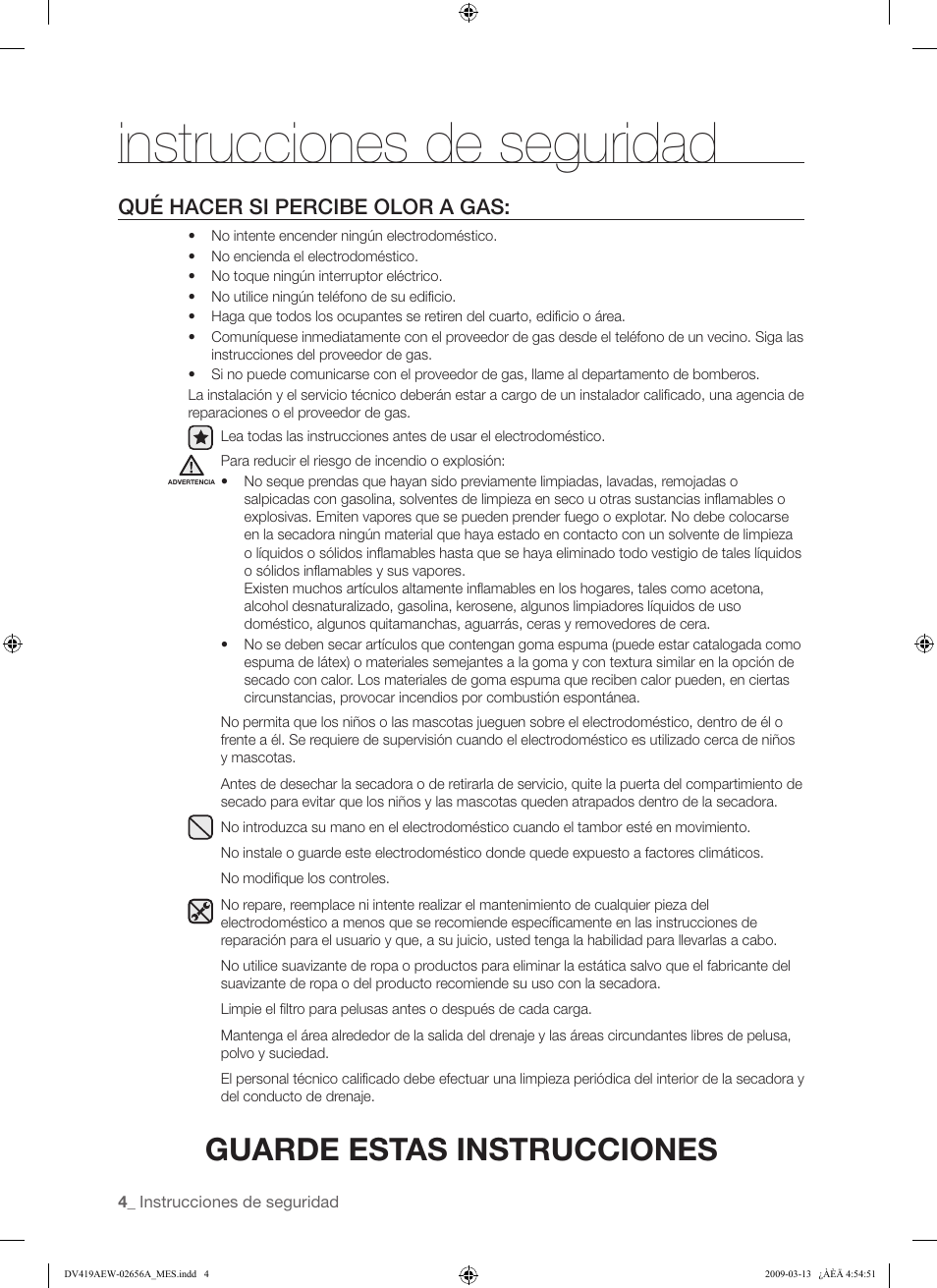 Instrucciones de seguridad, Guarde estas instrucciones | Samsung DV419AEU-XAA User Manual | Page 42 / 76