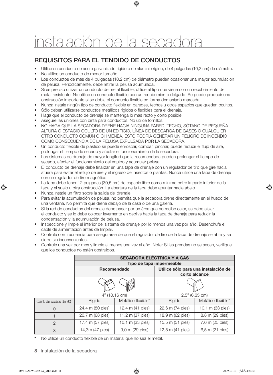 Instalación de la secadora, Requisitos para el tendido de conductos | Samsung DV419AEU-XAA User Manual | Page 46 / 76