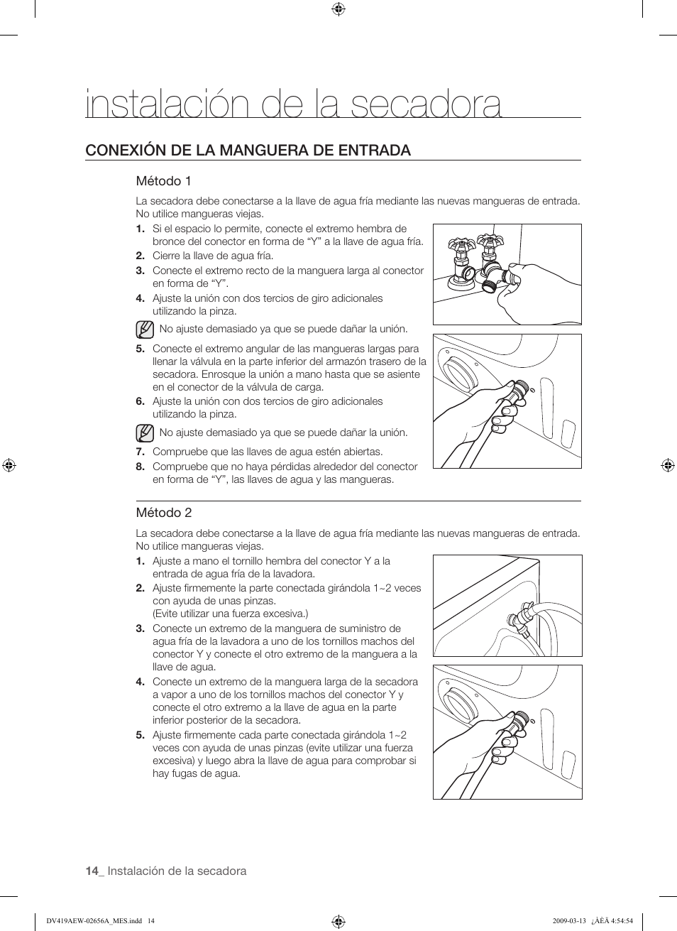 Instalación de la secadora, Conexión de la manguera de entrada | Samsung DV419AEU-XAA User Manual | Page 52 / 76
