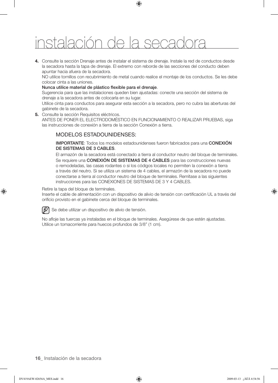Instalación de la secadora | Samsung DV419AEU-XAA User Manual | Page 54 / 76