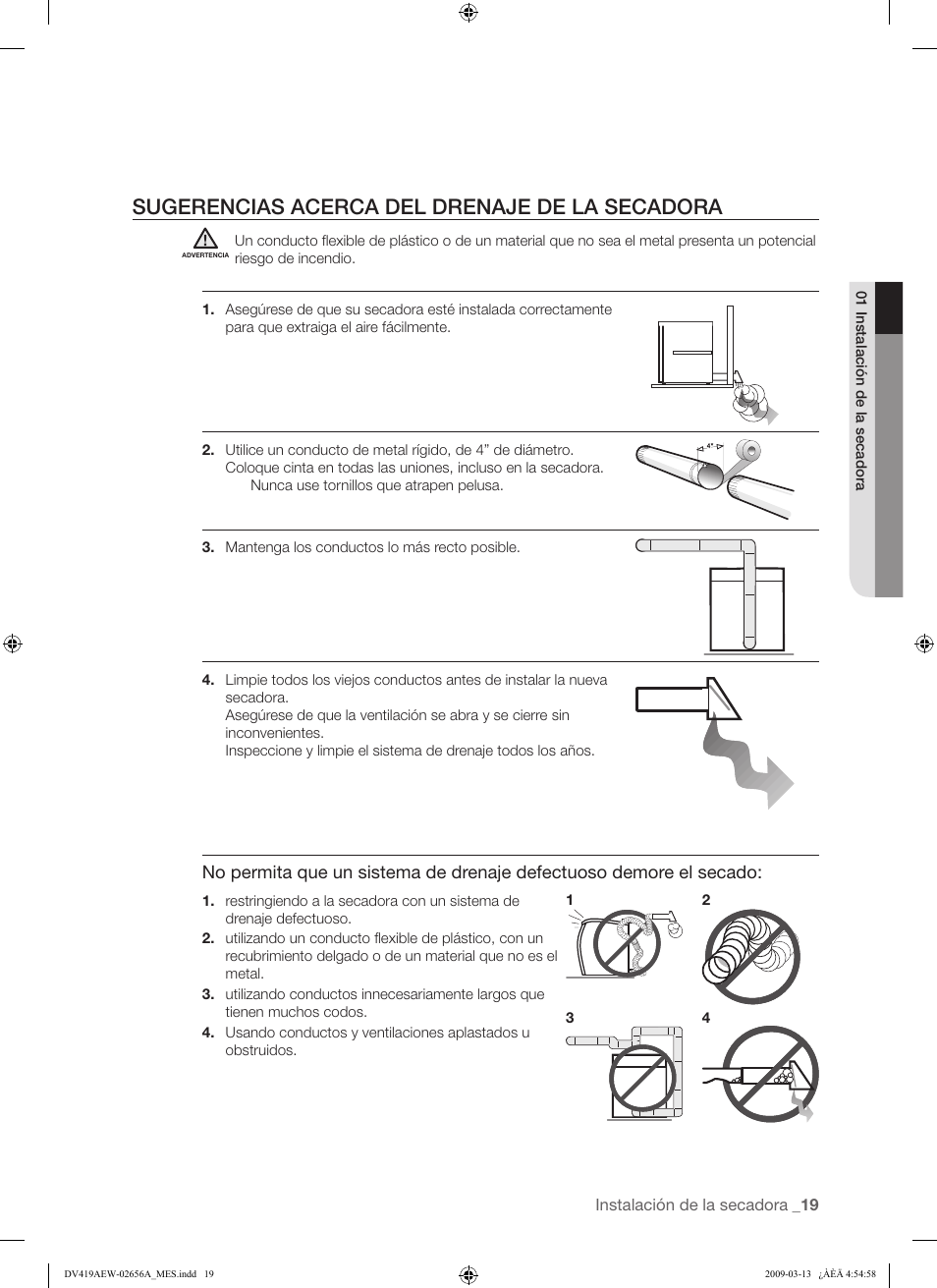 Sugerencias acerca del drenaje de la secadora | Samsung DV419AEU-XAA User Manual | Page 57 / 76