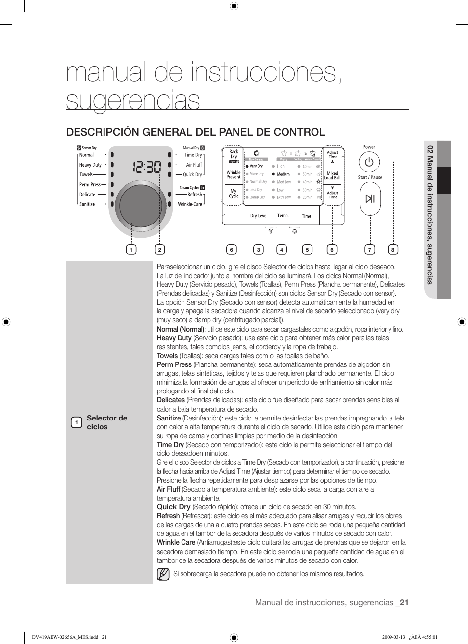 Manual de instrucciones, sugerencias, Descripción general del panel de control | Samsung DV419AEU-XAA User Manual | Page 59 / 76