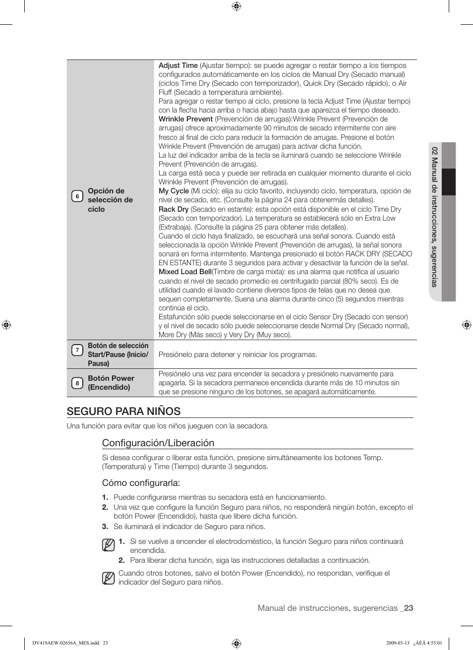 Seguro para niños, Configuración/liberación | Samsung DV419AEU-XAA User Manual | Page 61 / 76