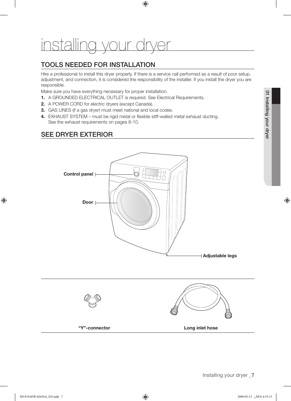 Installing your dryer | Samsung DV419AEU-XAA User Manual | Page 7 / 76