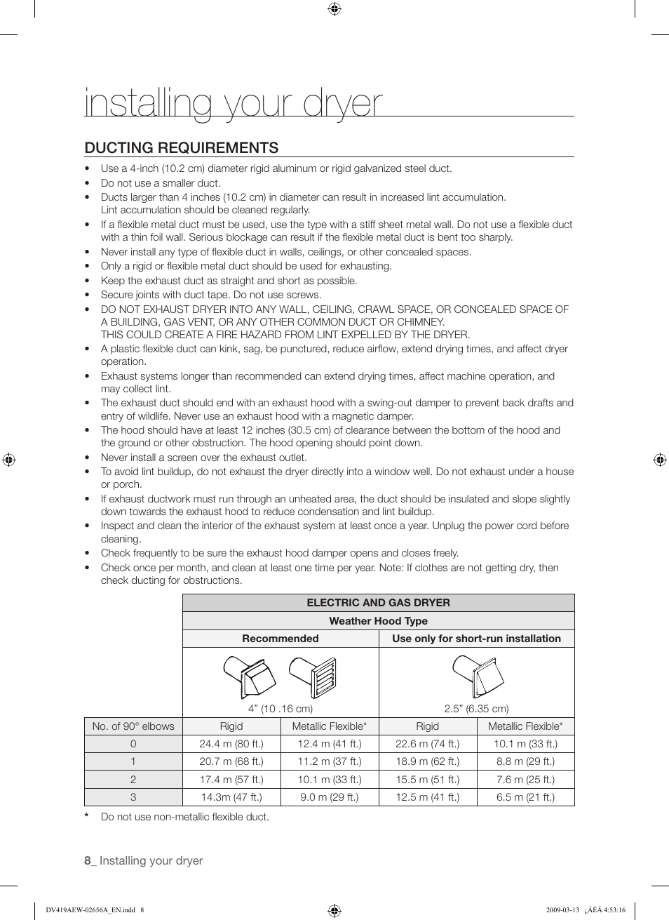 Installing your dryer, Ducting requirements | Samsung DV419AEU-XAA User Manual | Page 8 / 76