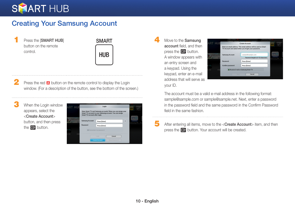 Creating your samsung account | Samsung BD-EM57C-ZA User Manual | Page 10 / 23