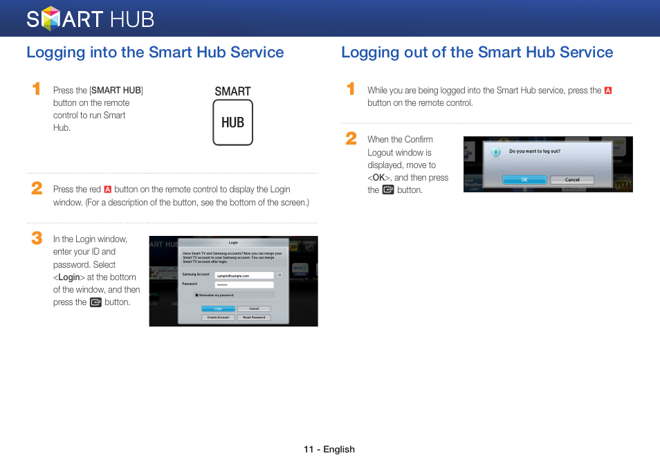 Logging into the smart hub service, Logging out of the smart hub service | Samsung BD-EM57C-ZA User Manual | Page 11 / 23