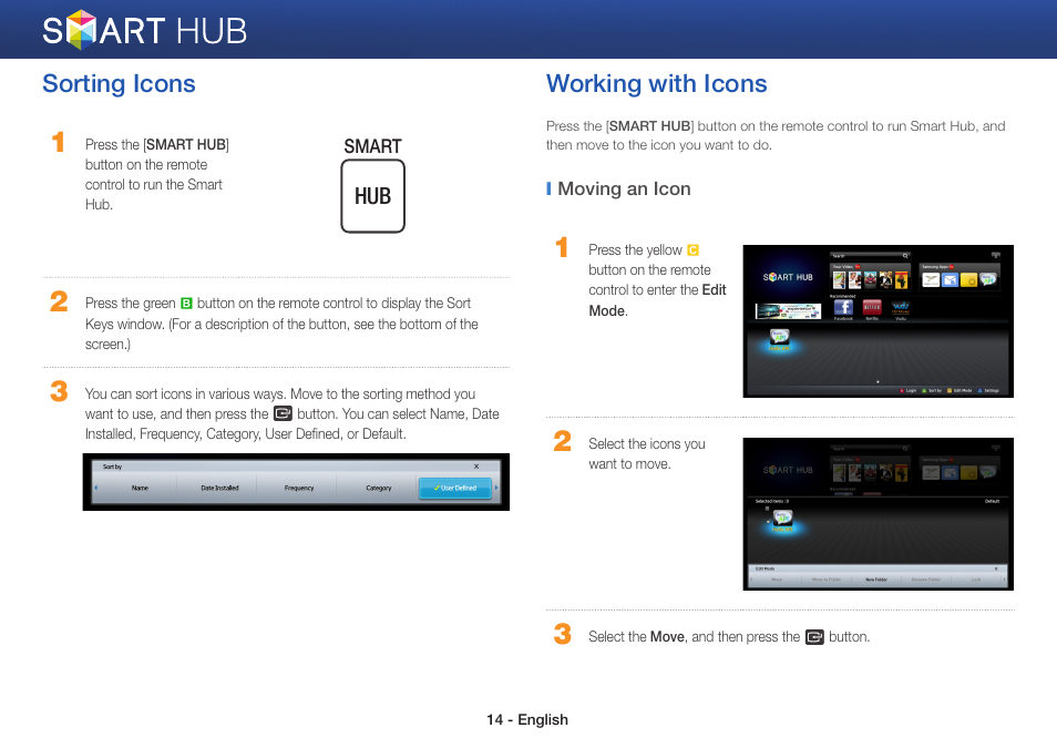 Sorting icons, Working with icons | Samsung BD-EM57C-ZA User Manual | Page 14 / 23
