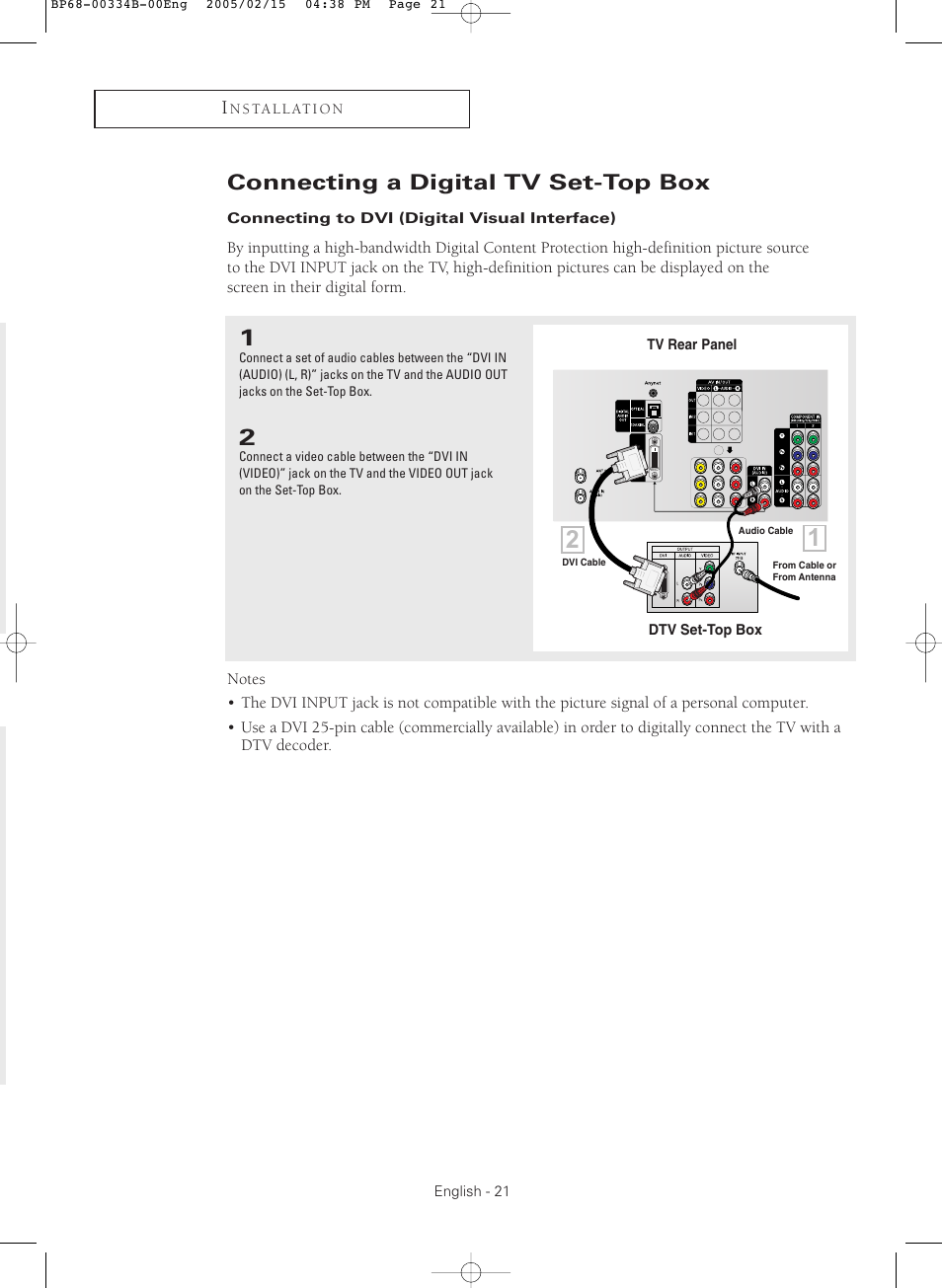 Connecting a digital tv set-top box, Connecting to dvi (digital visual interface) | Samsung HCR4245WX-XAA User Manual | Page 21 / 80