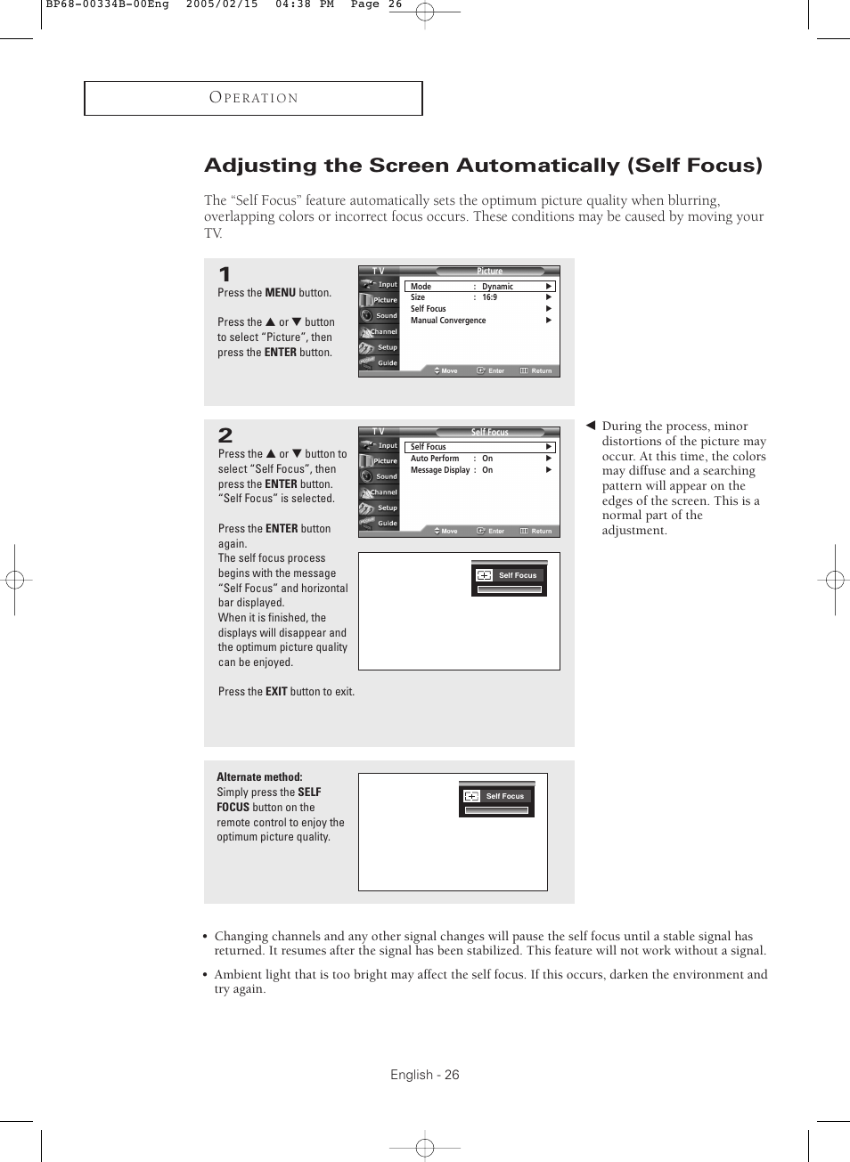 Adjusting the screen automatically (self focus) | Samsung HCR4245WX-XAA User Manual | Page 26 / 80