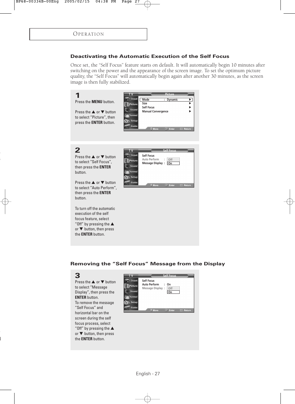 Removing the “self focus” message from the display | Samsung HCR4245WX-XAA User Manual | Page 27 / 80