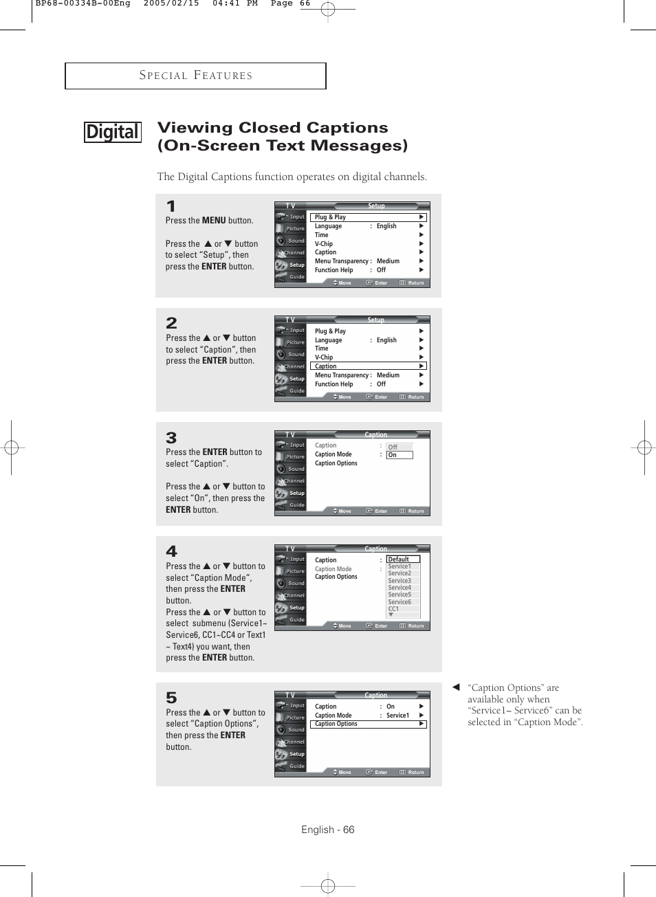 Digital, Viewing closed captions (on-screen text messages) | Samsung HCR4245WX-XAA User Manual | Page 66 / 80