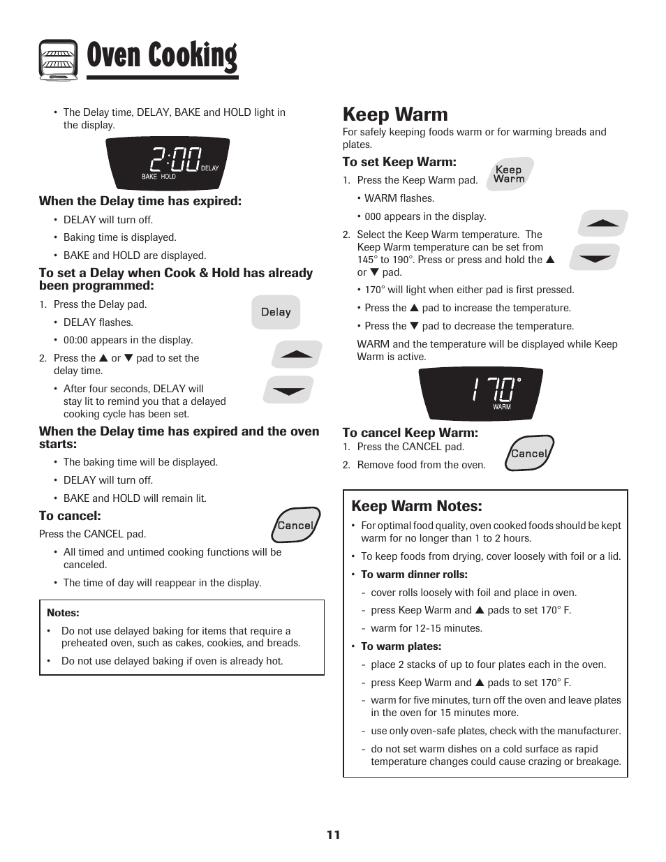 Oven cooking, Keep warm | Amana Coil User Manual | Page 12 / 76