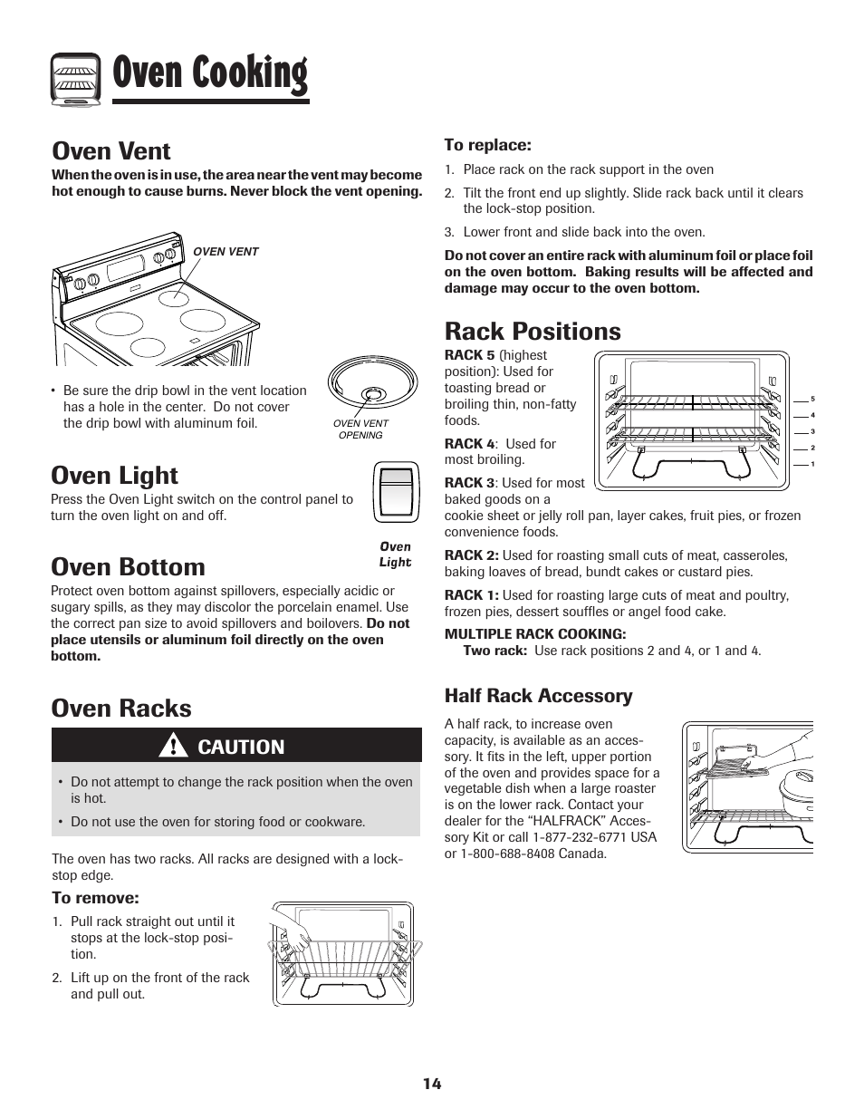 Oven cooking, Oven light, Oven bottom | Oven vent, Oven racks, Rack positions | Amana Coil User Manual | Page 15 / 76