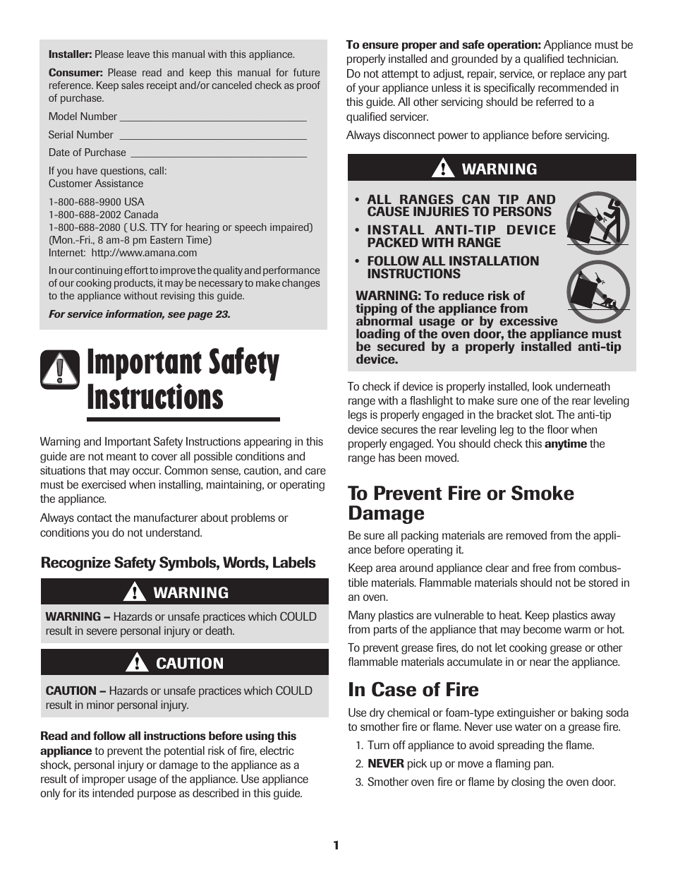 Important safety instructions | Amana Coil User Manual | Page 2 / 76