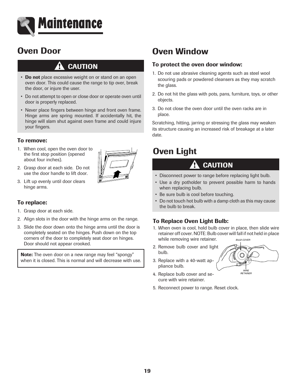 Maintenance, Oven door, Oven window | Oven light, Caution | Amana Coil User Manual | Page 20 / 76