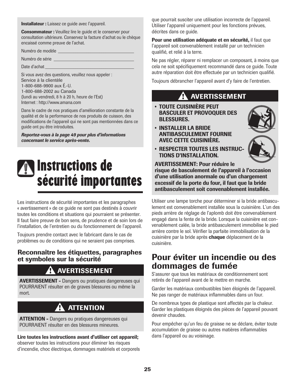 Instructions de sécurité importantes, Pour éviter un incendie ou des dommages de fumée | Amana Coil User Manual | Page 26 / 76