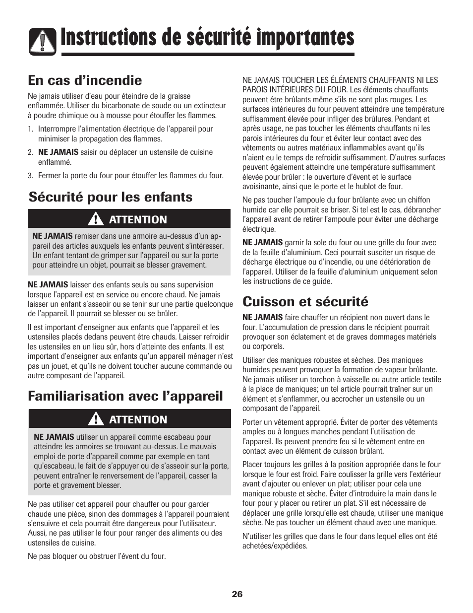 Instructions de sécurité importantes, Familiarisation avec l’appareil, Cuisson et sécurité | Sécurité pour les enfants en cas d’incendie | Amana Coil User Manual | Page 27 / 76
