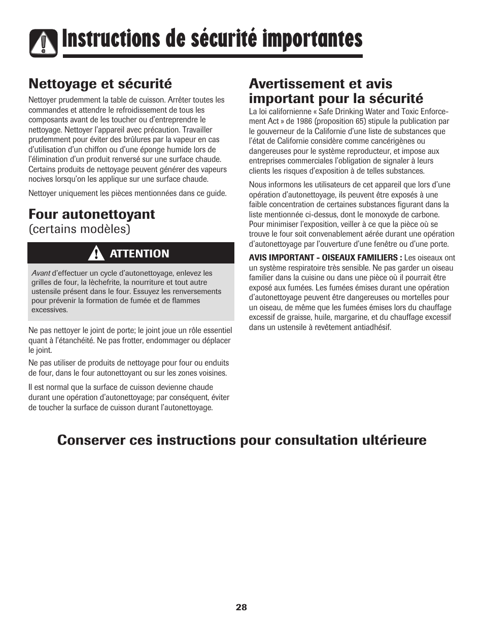 Instructions de sécurité importantes, Nettoyage et sécurité, Four autonettoyant | Avertissement et avis important pour la sécurité | Amana Coil User Manual | Page 29 / 76