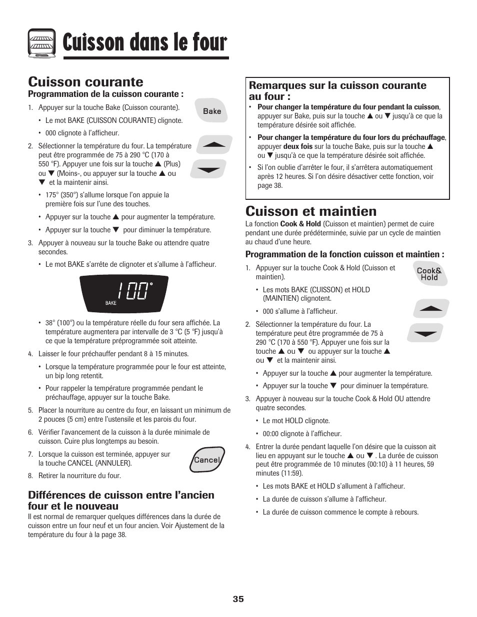 Cuisson dans le four, Cuisson courante, Cuisson et maintien | Remarques sur la cuisson courante au four | Amana Coil User Manual | Page 36 / 76