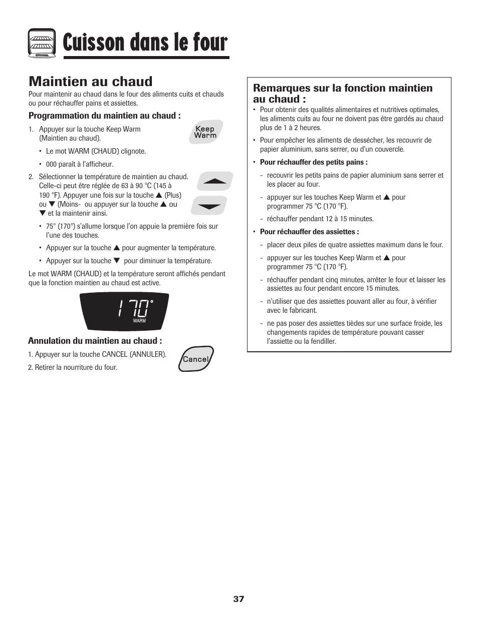 Cuisson dans le four, Maintien au chaud, Remarques sur la fonction maintien au chaud | Amana Coil User Manual | Page 38 / 76