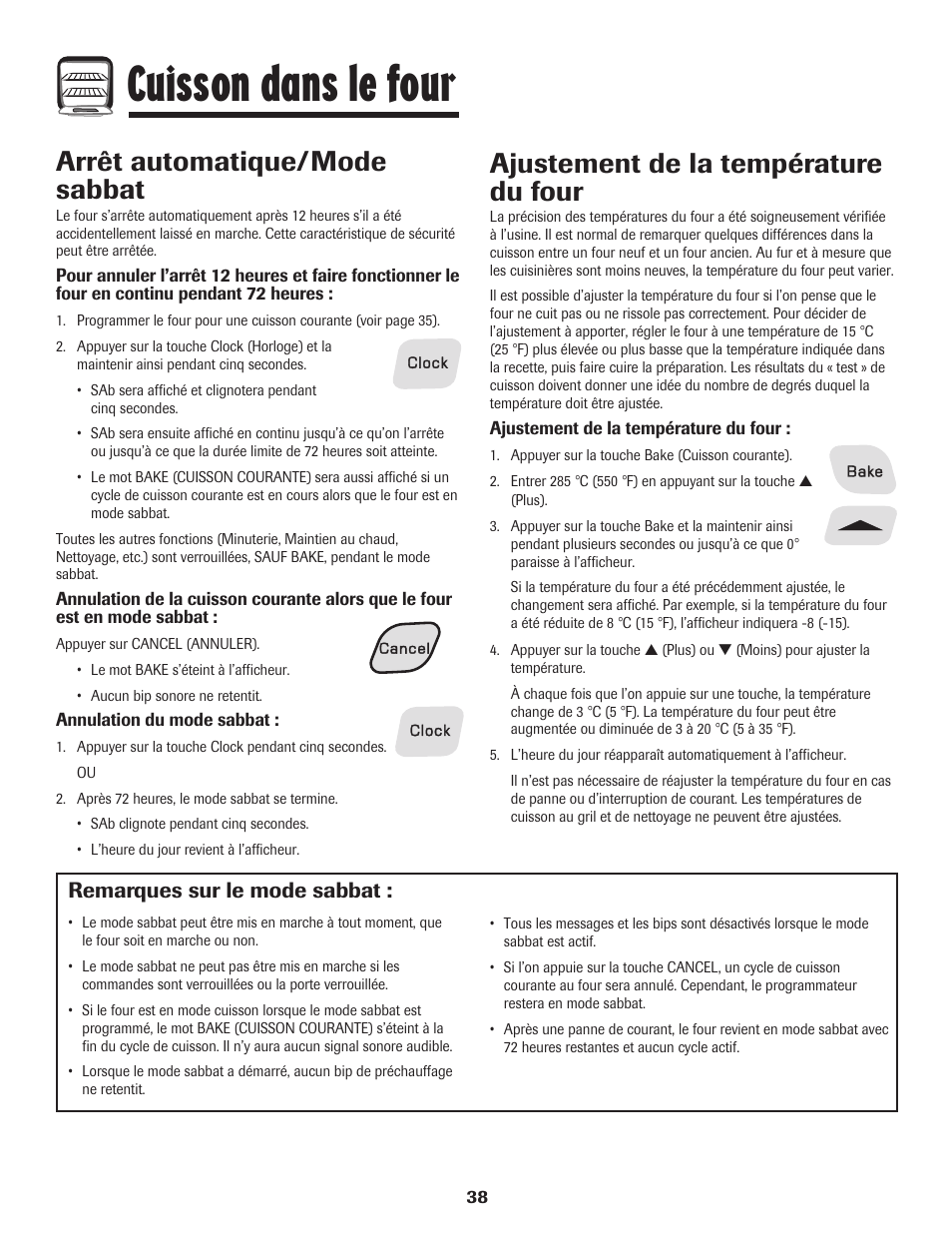Cuisson dans le four, Arrêt automatique/mode sabbat, Ajustement de la température du four | Remarques sur le mode sabbat | Amana Coil User Manual | Page 39 / 76