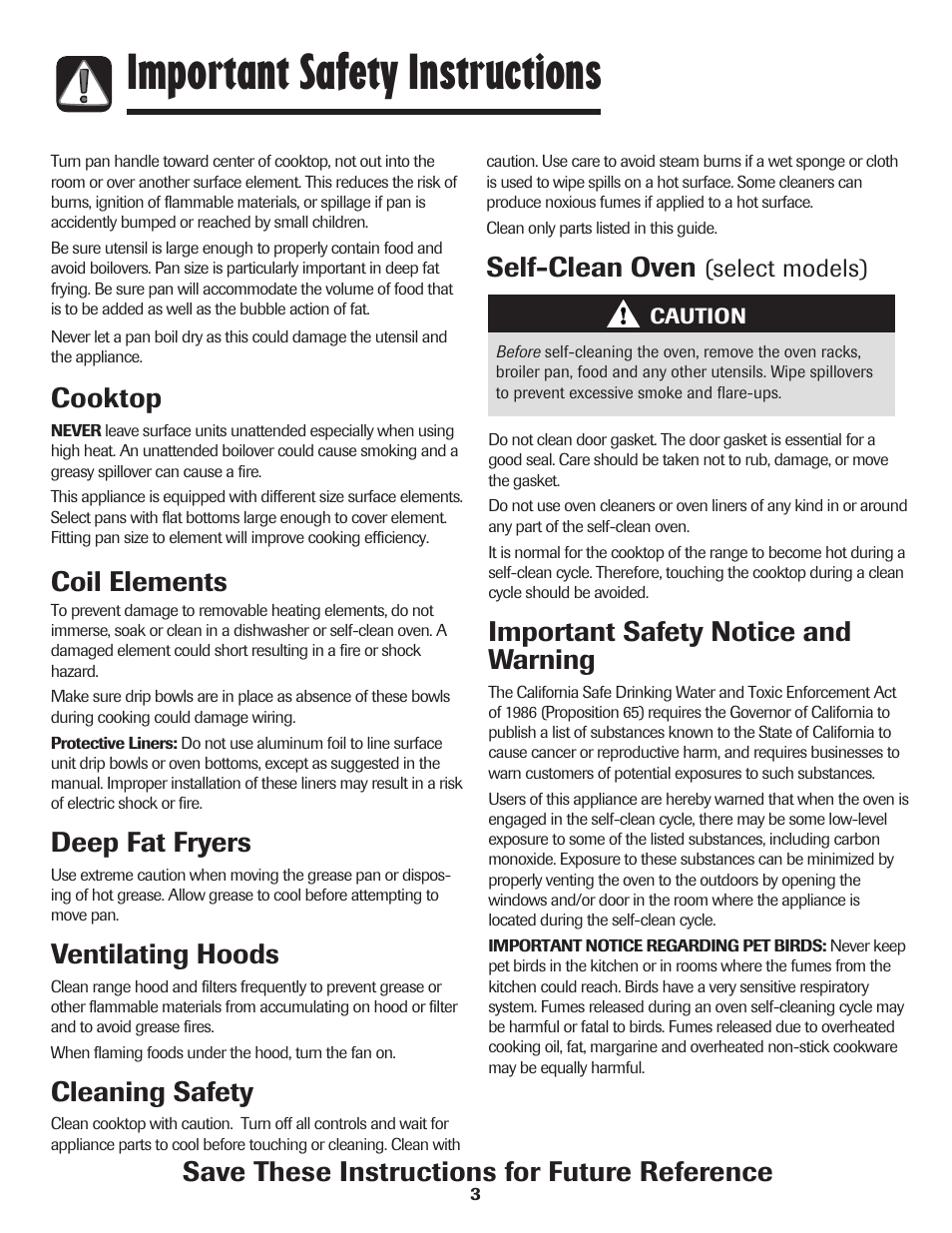 Important safety instructions, Self-clean oven, Important safety notice and warning | Cooktop, Coil elements, Deep fat fryers, Ventilating hoods, Cleaning safety, Save these instructions for future reference | Amana Coil User Manual | Page 4 / 76