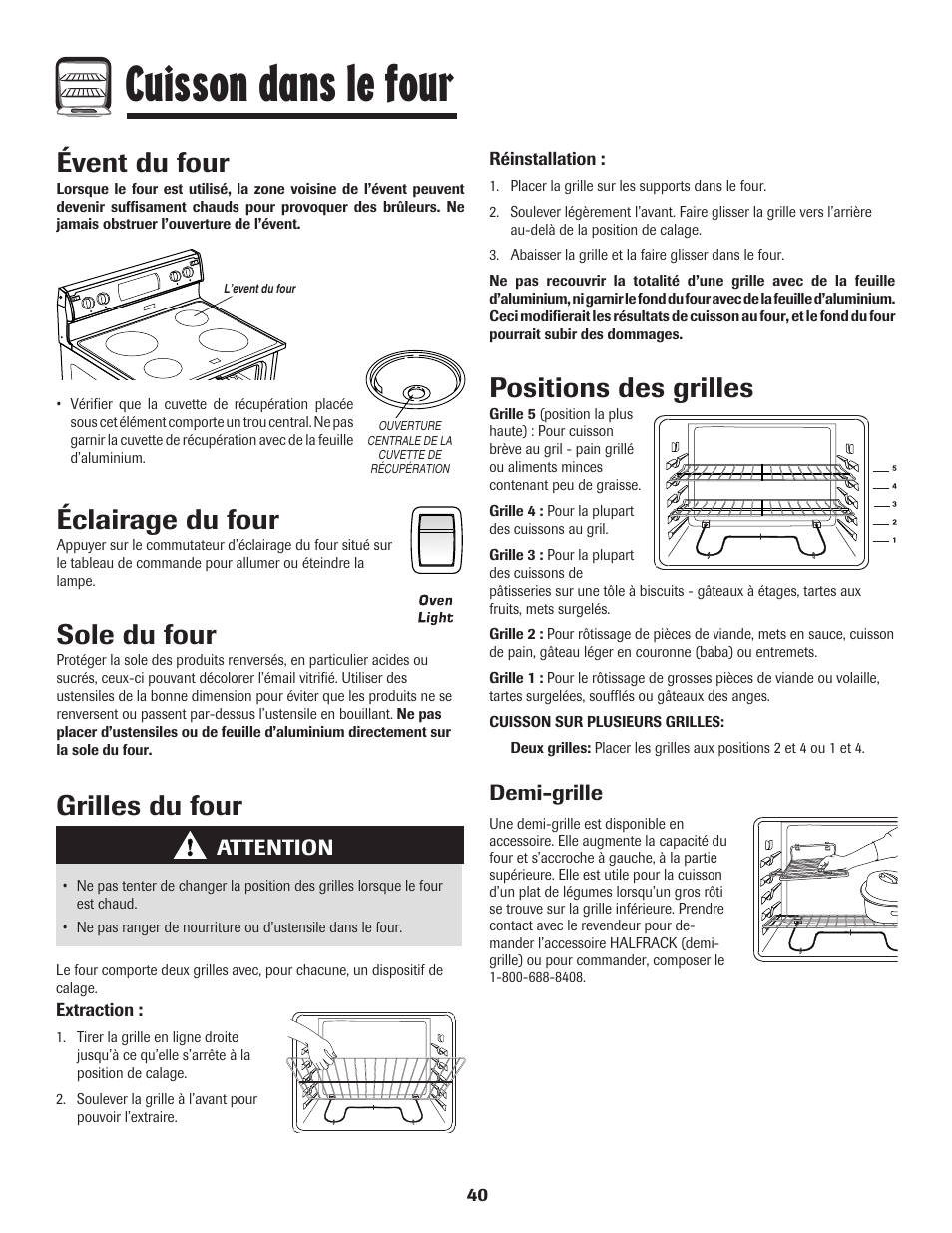 Cuisson dans le four, Éclairage du four, Sole du four | Évent du four, Grilles du four, Positions des grilles | Amana Coil User Manual | Page 41 / 76