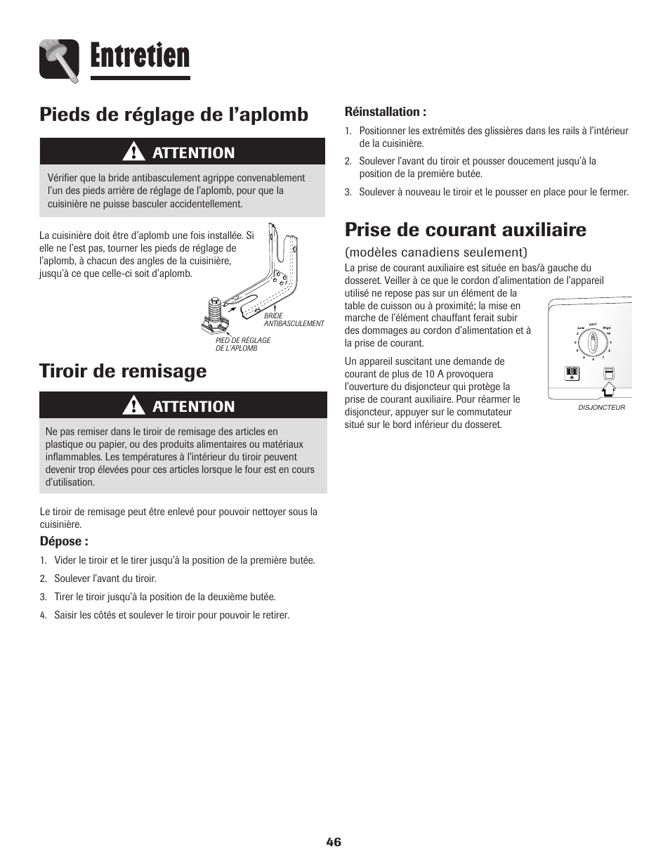 Entretien, Tiroir de remisage, Prise de courant auxiliaire | Pieds de réglage de l’aplomb, Attention | Amana Coil User Manual | Page 47 / 76
