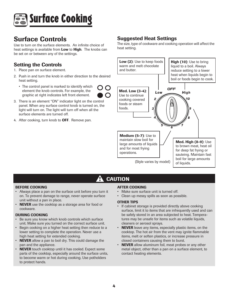 Surface cooking, Surface controls, Setting the controls | Caution suggested heat settings | Amana Coil User Manual | Page 5 / 76
